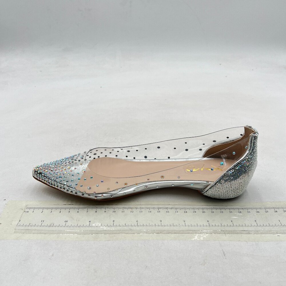 XYD Silver Sequins Rhinestones Studded Rivets Hidden Heels Slip On Ballet Flats - Picture 2 of 8